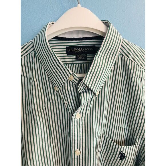 US Polo Assn. XL Cotton Blend Button Up Shirt Green White Stripes Horse Logo - Picture 4 of 16